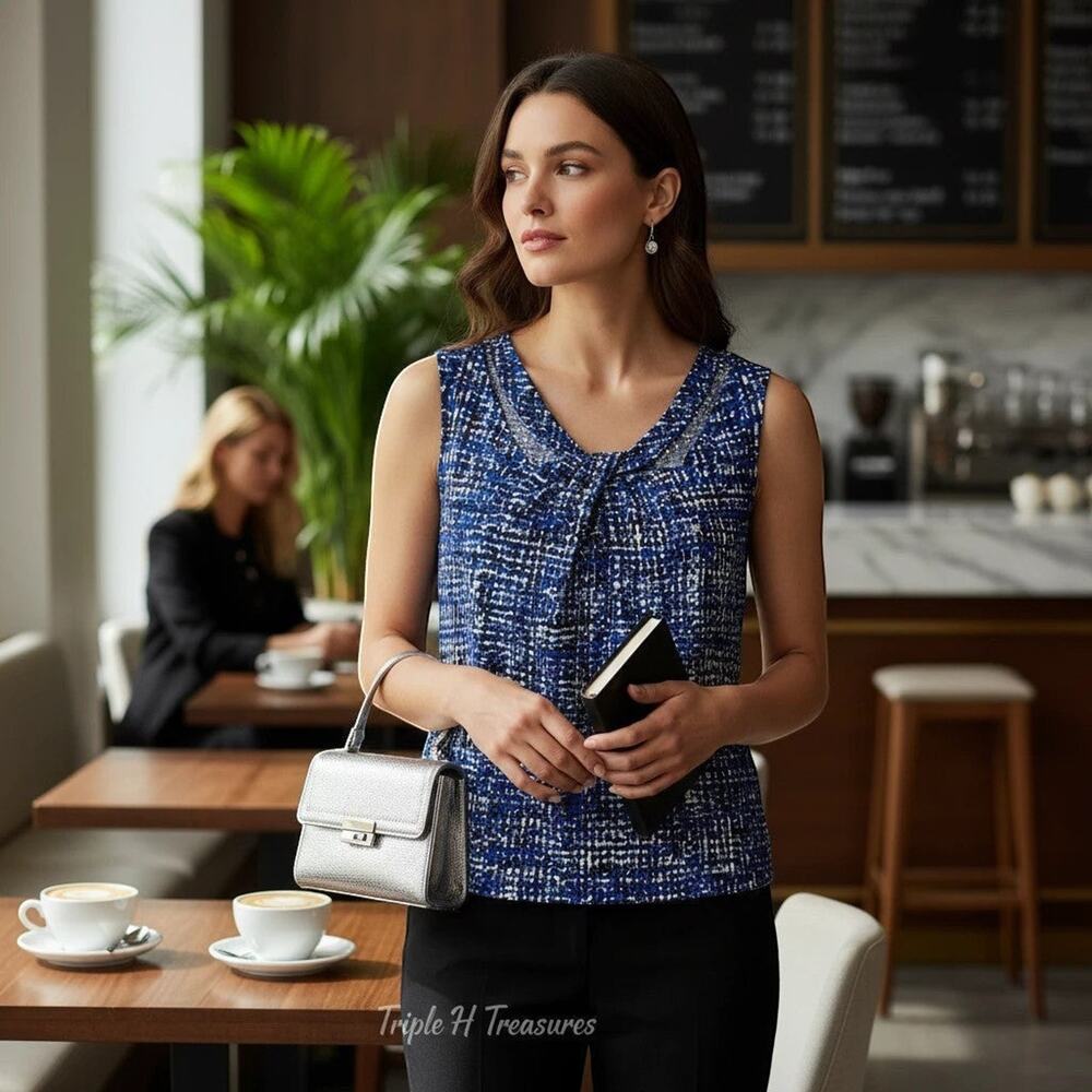 Kasper Women's Blue Sleeveless V-Neck Printed Blouse - Picture 5 of 6